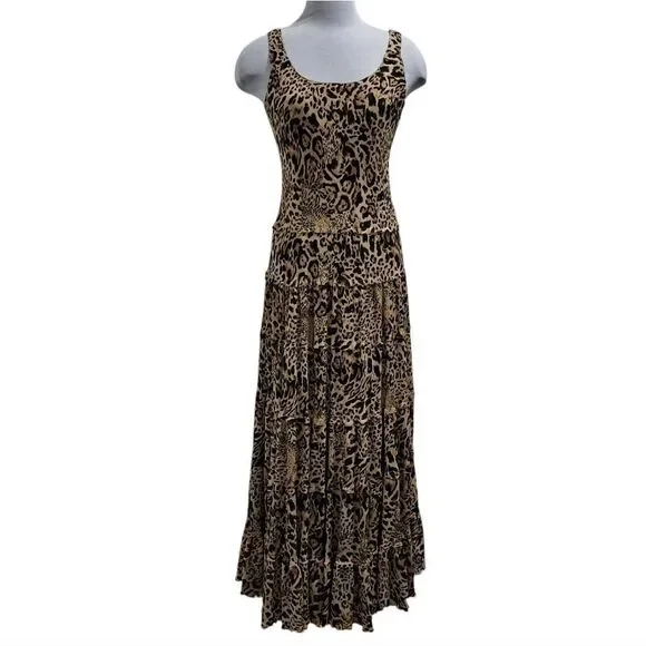 Jones New York Y2K Animal Print Tiered Chiffon Whimsygoth Maxi Dress Sz 4  Brown
